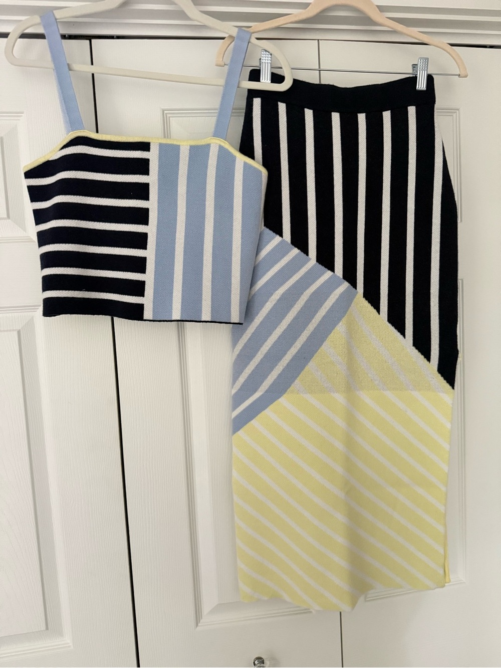 Hem & Thread Striped Knit Midi Skirt Set in Black, Light Blue and Yellow